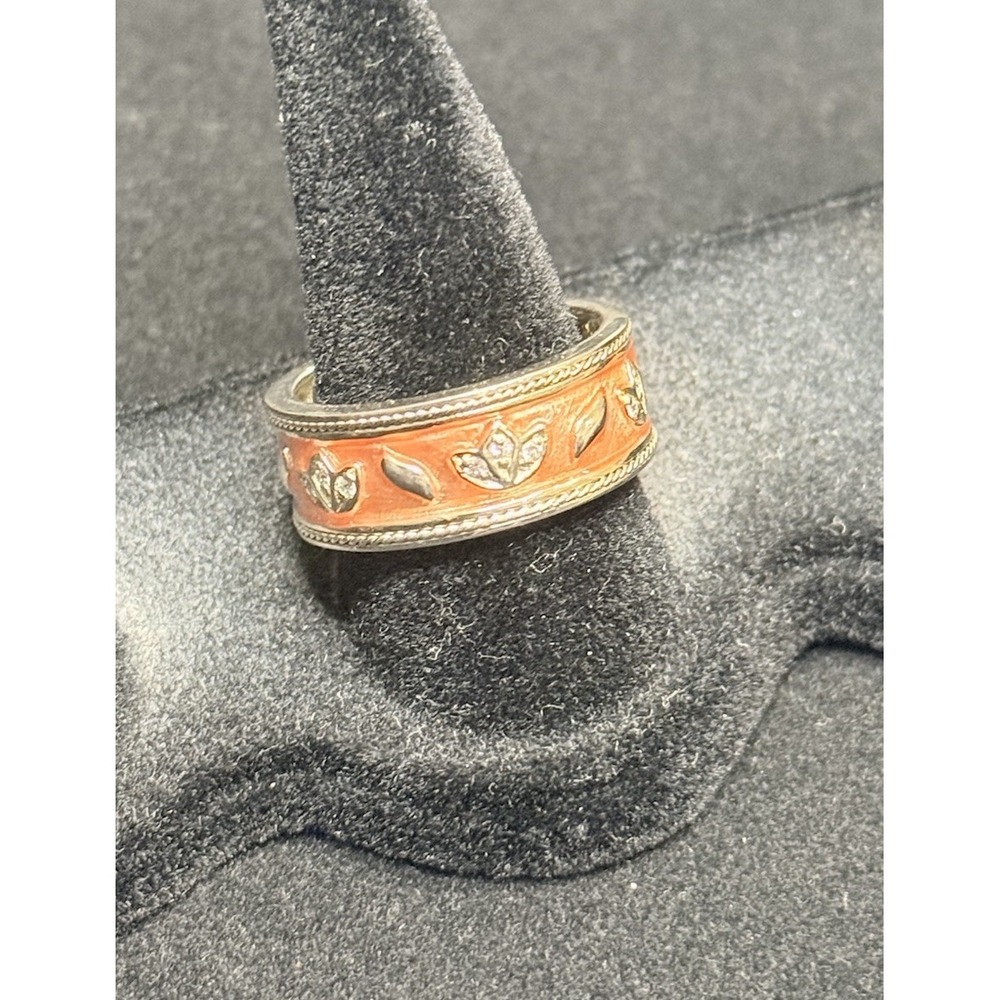 STERLING SILVER PINK ENAMEL AND CUBIC ZIRCONIA FLOWER ETERNITY RING SIZE 10